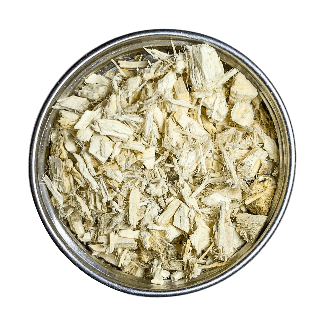 A glass jar containing marshmallow root with a pink and white label that reads 'HARLEY'S HOME KITCHEN MARSHMALLOW ROOT' along with icons indicating USDA organic, soothing and protective for the gut, and anti-inflammatory properties. The website 'www.harleys.ph' is listed at the bottom of the label. These product are now available at Pet Friendly’s online pet supply store.