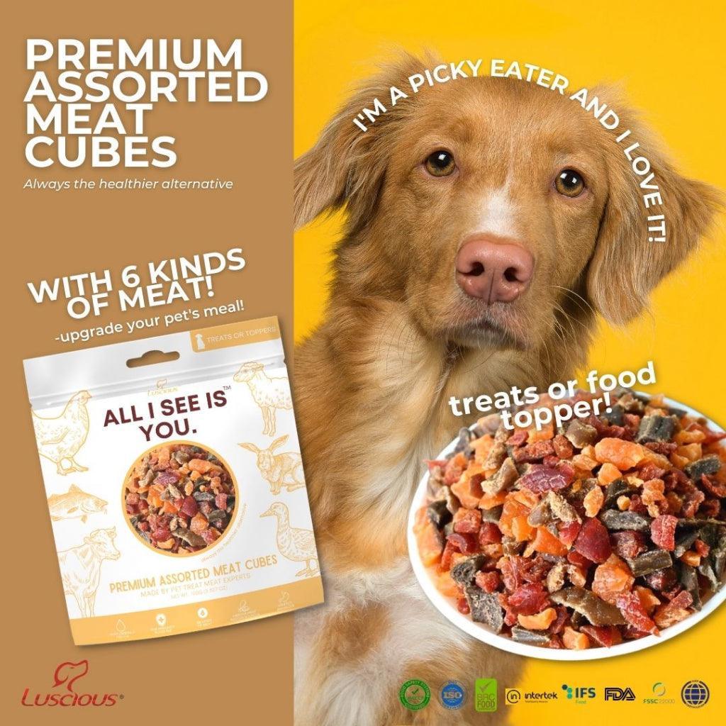 Enhance your dog's meals with 'All I See Is You' dog food topper from Luscious, featuring a mix of six different meats: Beef, Chicken, Duck, Lamb, Rabbit, and Cod. Perfect as a dog treat or to add flavor to your pet's food. Buy now at Pet Friendly's.