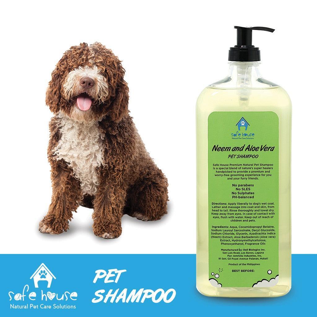 Neem and Aloe Vera Pet Shampoo by Safe House. This image displays the information on the backside of the bottle.