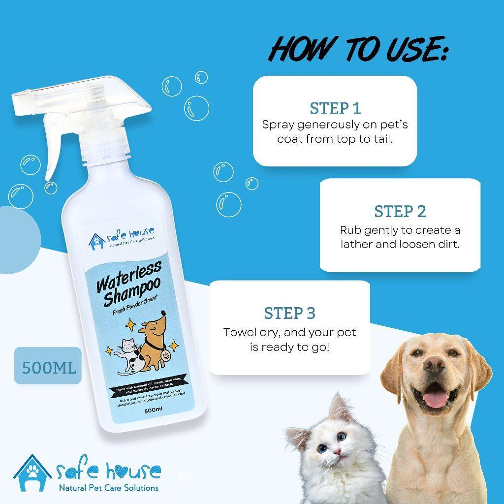 An image of the waterless shampoo by Safe House in the 500ml variant. Now available on the Pet Friendly's website.