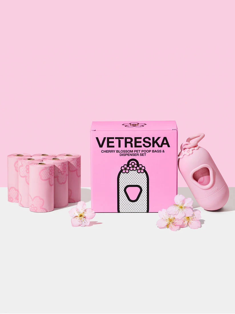 Vetreska Cherry Blossom Poop Bag Dispenser Set – 7 Rolls Included, Strong & Fashionable.