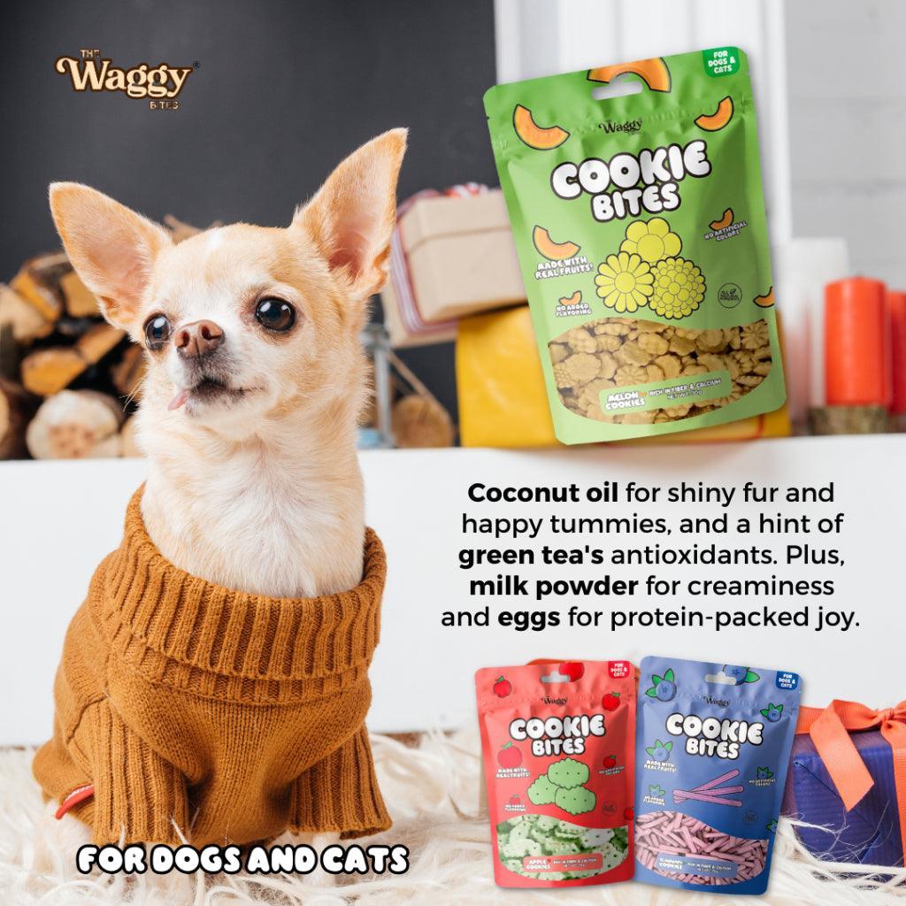 Discover Waggy Bites Cookie Bites by Luscious, featuring flavors like Apple, Melon, and Blueberry, enriched with coconut oil for improved Skin & Coat. Perfect for both cats and dogs. Buy now at Pet Friendly's for delicious dog and cat treats.